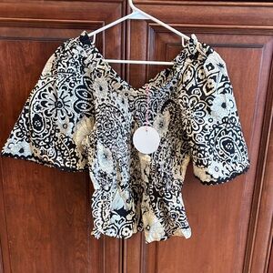 Black and Cream Floral Smocked Puff Sleeve Top